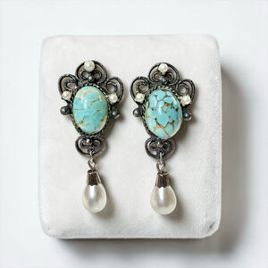 Art Deco Czech Turquoise Glass Pearl Drop Earrings 1930s Screw Back Filigree